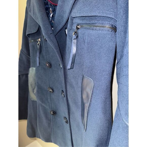 RUD By Rudsak Double Breasted Blue Pea Coat With Leather Trim Pockets - Picture 2 of 10